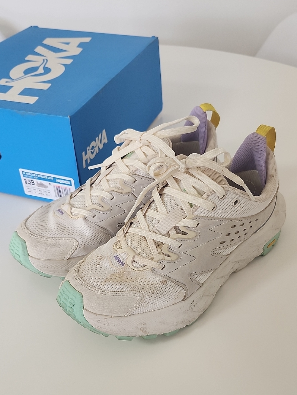 Hoka Women's Sneakers in Cream with Mint and Lavender Accents